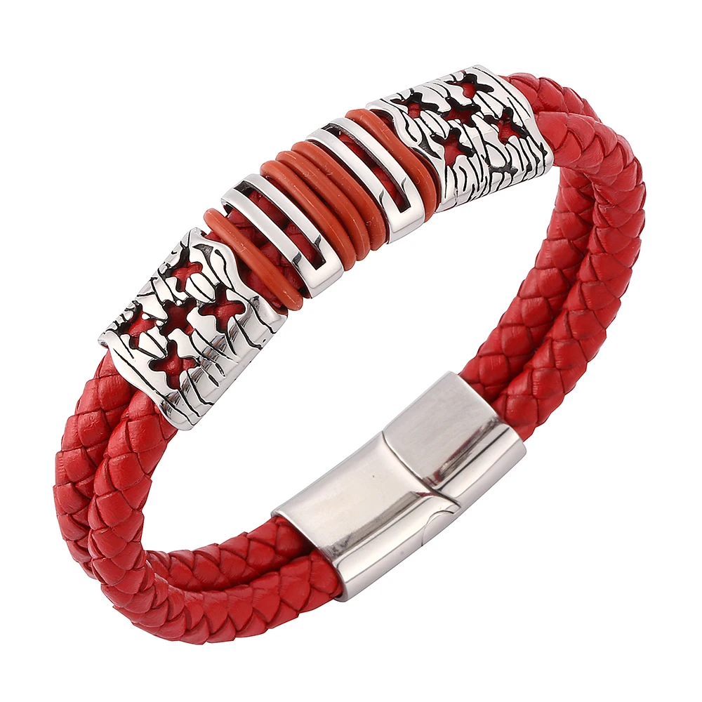 

Trendy Red Double Braided Leather Cord Bracelet Men Jewelry Stainless Steel Magnet Clasp Bangle Male Hand Wristband Gift SP0112