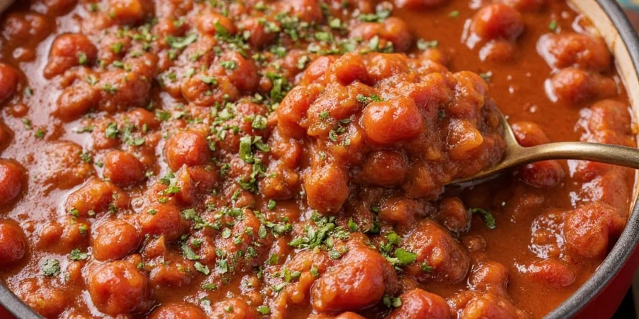 A rustic bowl of chili with fresh oregano sprinkled on top