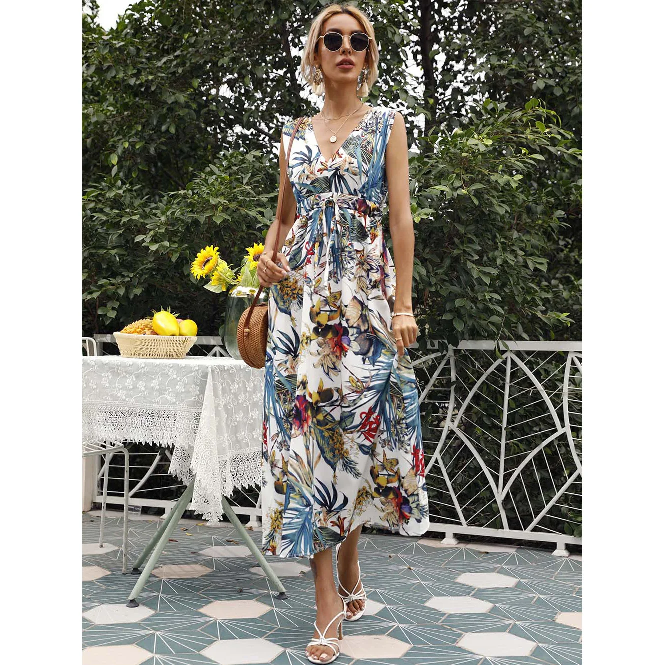 

Women Dresses Party Beach Dress Bohemian Floral Print Long Maxi Casual 2021 Spring Midi Chiffon Simple Adults V-neck Polyester