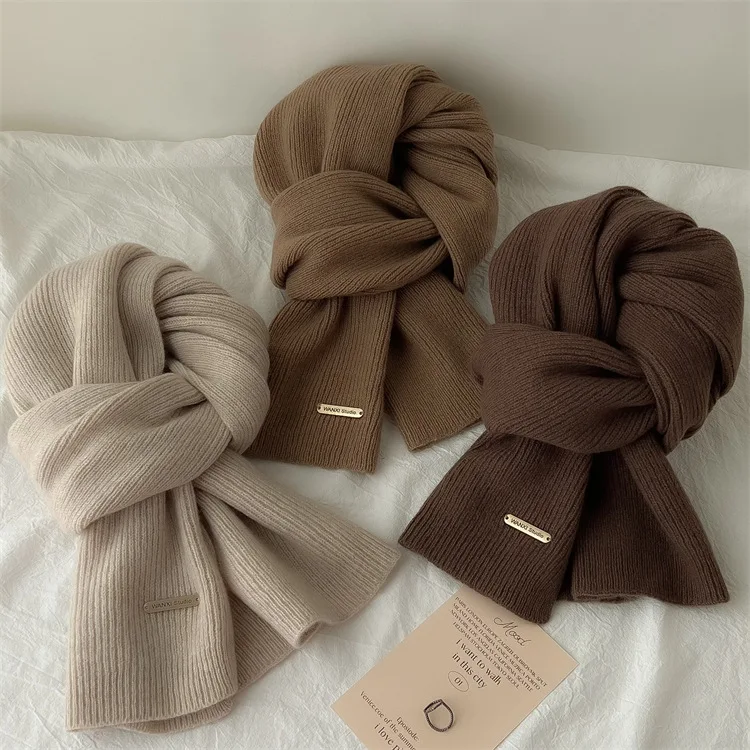 

Custom LOGO 100% Australian Pure Wool Knit Cashmere Scarf For Women Men 2024 New Solid Color Shawls Winter Warm Knitted Scarf