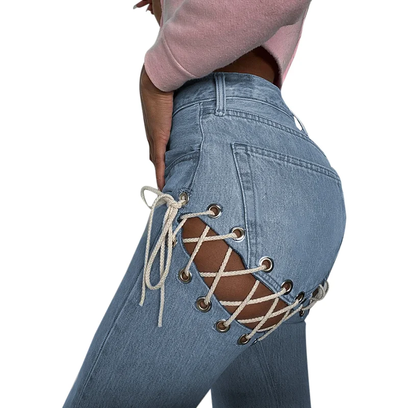 

Sexy cut out drawstring jeans Light high waist wash pants casual straight jeans jean outfits for women