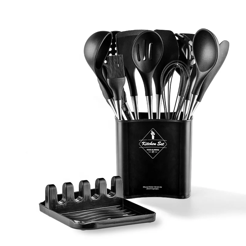 

12 piece stainless steel hollow handle silicone utensils set, Black