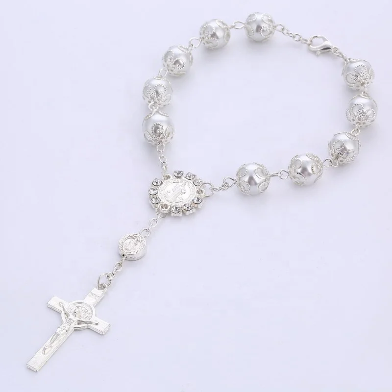 

10MM Glass Pearl With Torus Cross Rose Gold Rosary Beaded Bracelet, Colors