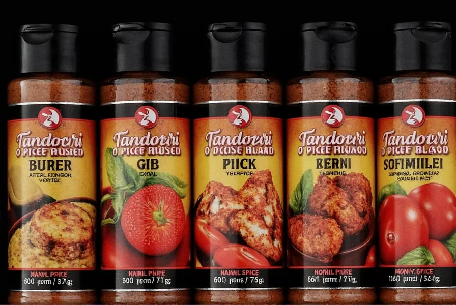 Tandoori spice jars labeled and organized on a shelf