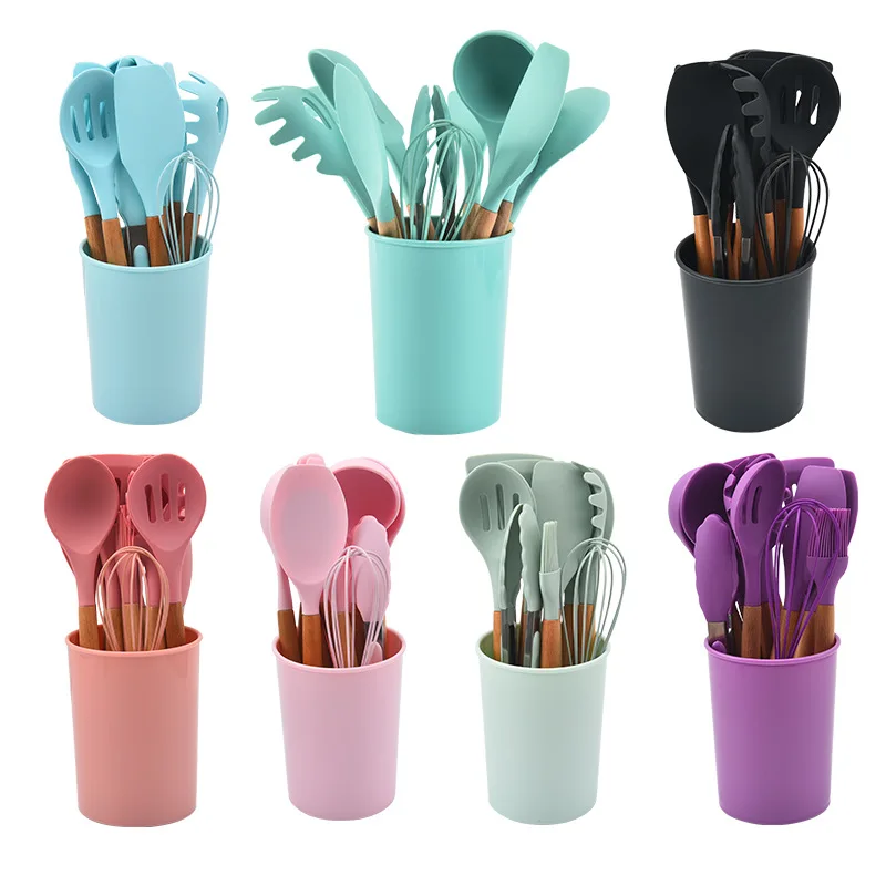 

12 Piece Silicone Cooking Kitchen Utensils Set with Wooden Handle Holder Spatula