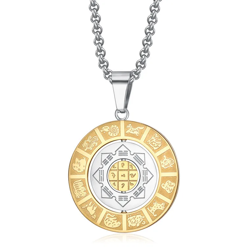 

Creative Rotating Tai Chi Gossip Necklace Vintage Stainless Steel Zodiac Gossip Manjushri Pendant Necklace