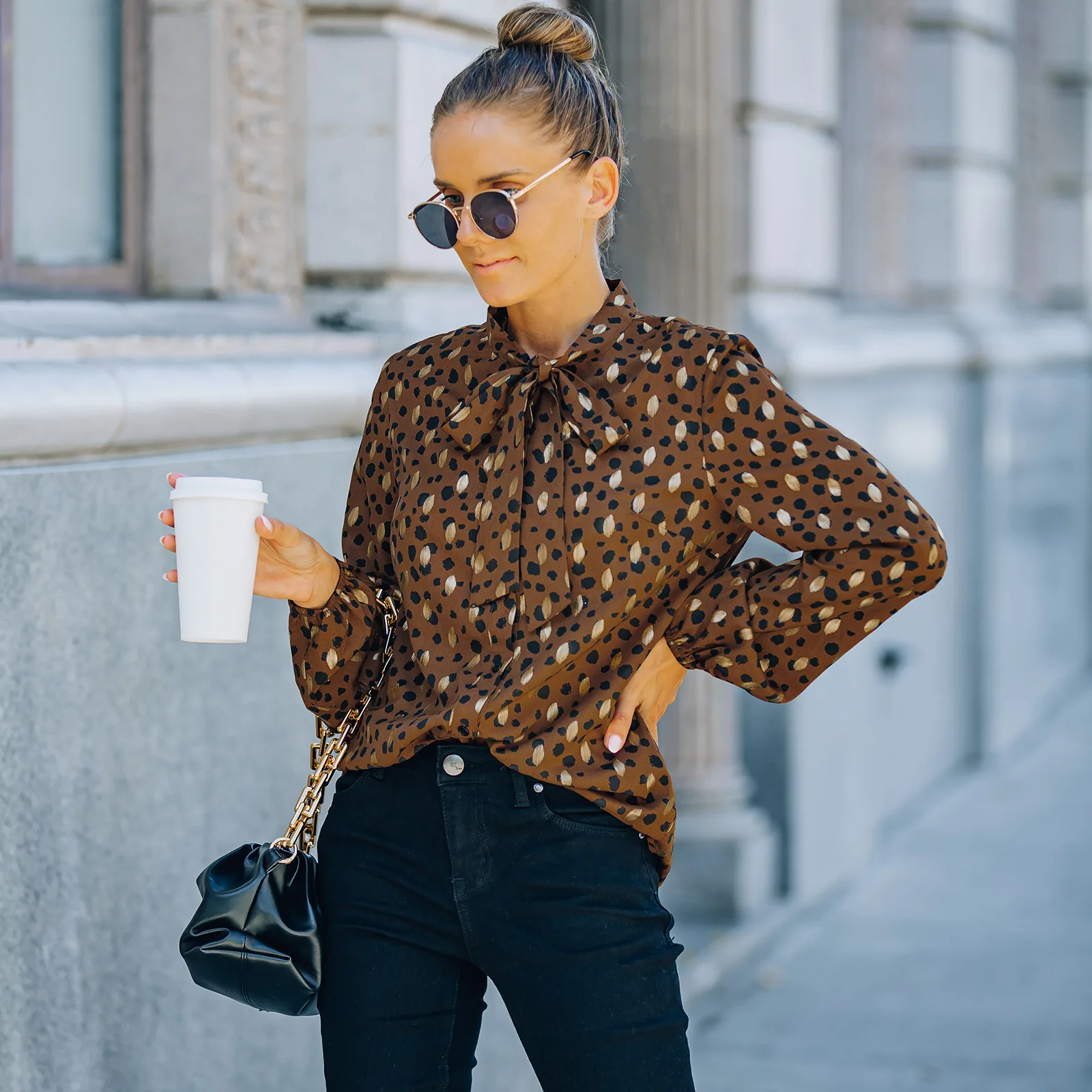 

New Design Plus Size Women Blouse V-neck Long Sleeve Chains Print Loose casual Shirts Womens Tops And Blouses ecowalson