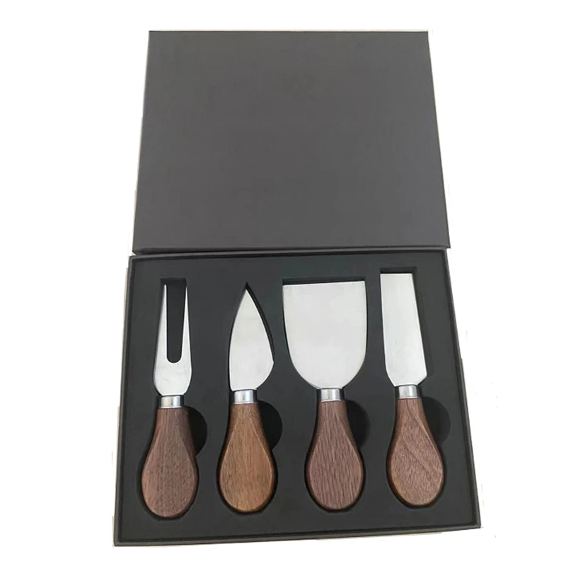 

Factory Direct Sale Cheese Knives Set 4 Pieces Walnut Wooden Handle Stainless Steel Wood Cheese Knife Set for Kitchen