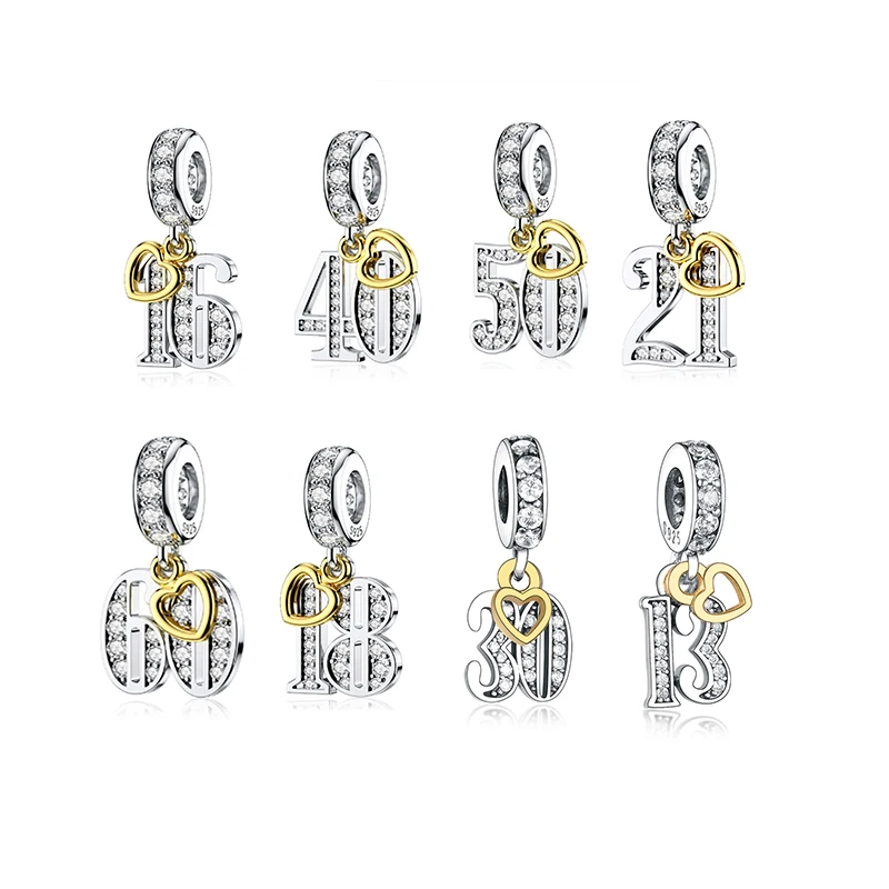 

925 Sterling Silver 16th 18th 21st 30th 40th 50th 60th Celebration Beads Charms Fit Original Pandora Charms Bracelet Necklace