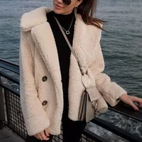 

LY235# Autumn turn-down collar button plush winter jacket women with lining ladies faux fur coat