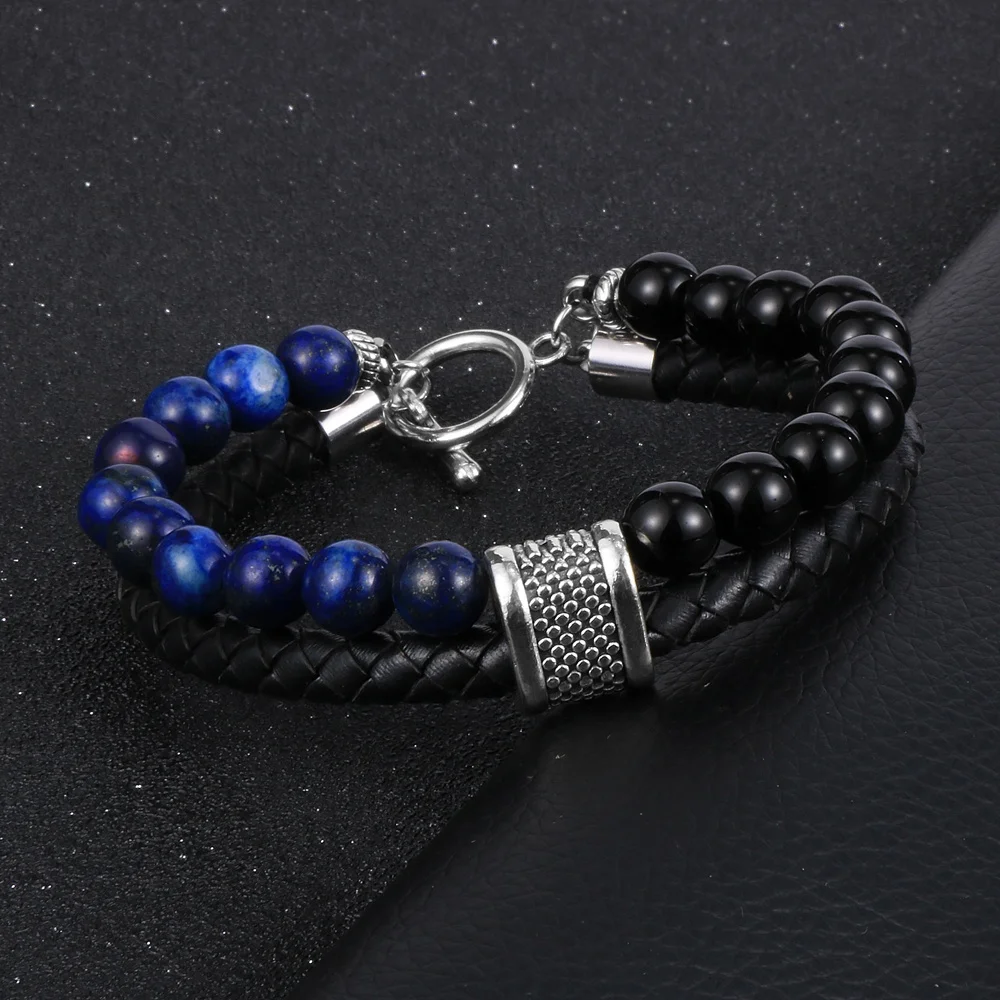 

Nabest Hot Sale Natural Stone Lapis Lazuli Tiger Eye Beads Charm Genuine Leather Double Layers Bracelet Jewelry for Men