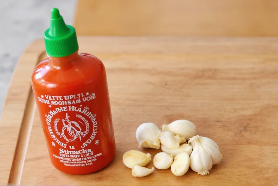Close-up of sriracha bottle next to fresh garlic cloves on wooden cutting board