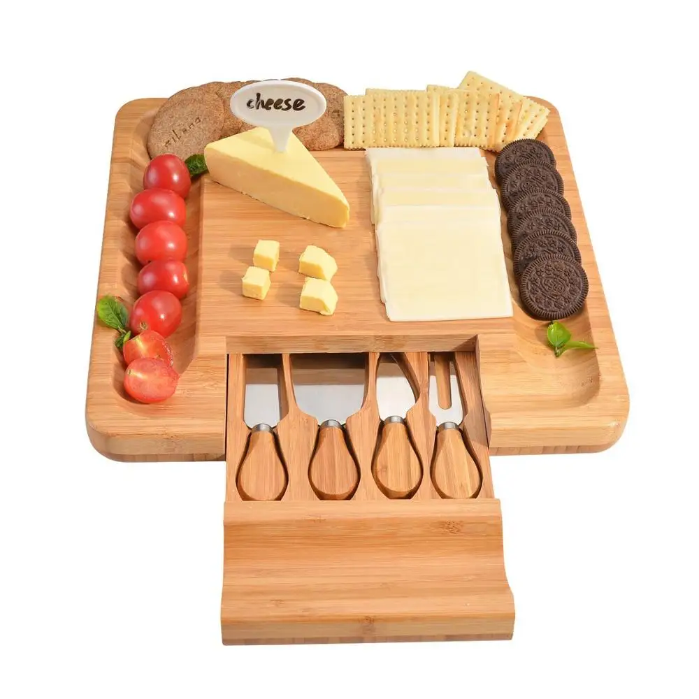 Bamboo Cheese Board and Knife Set, Wood Charcuterie Platter and Serving Meat & Cheese Board with Slide-Out Drawer for Cutlery