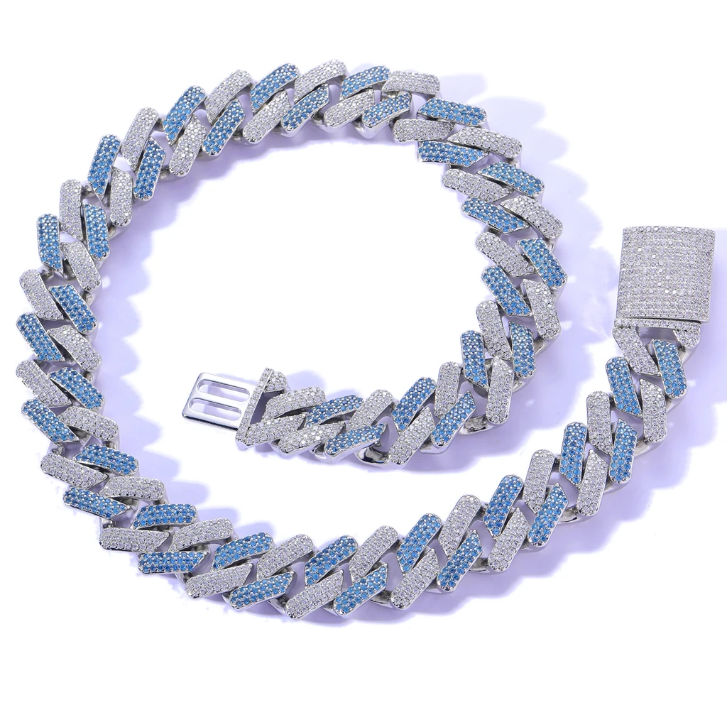 

20MM Miami Cuban Diamond Two Tone Necklace Iced Out Blue and White Zircon Thick Cadenas Cubanas Cuban Link Chain Necklace Men, Silver color