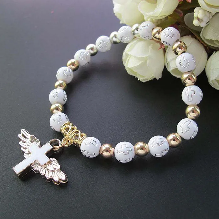 

Bronzing Acrylic Wholesale Jesus Angel Cross Chain Bracelet Gold Religious Beaded Bracelet Rosary Catholic Rosary Bracelet