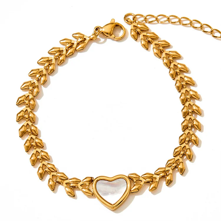 

Good Quality Stainless Steel Ear Of Wheat Chain Heart Charm Natural Shell Gold Plated Women's Bracelet