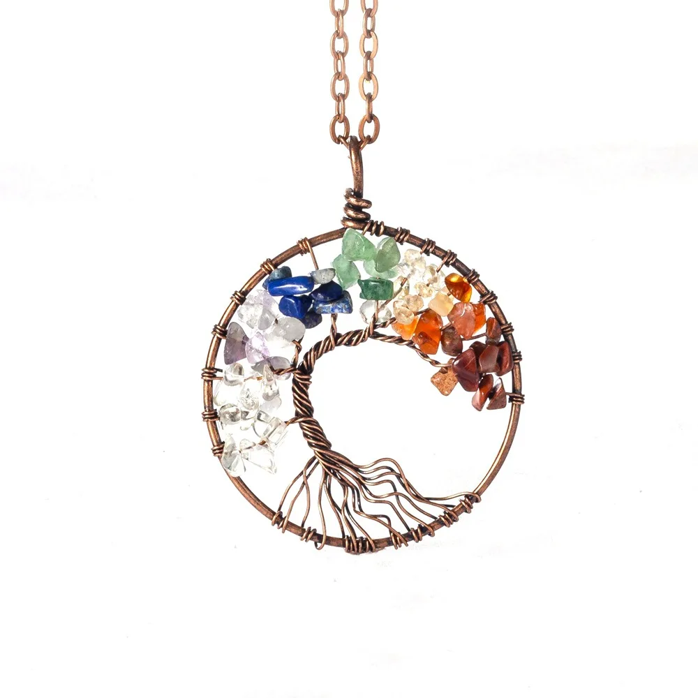 

Multicolor Wisdom Tree of life necklace Rainbow Quartz Pendant Chakra Natural Stone necklace