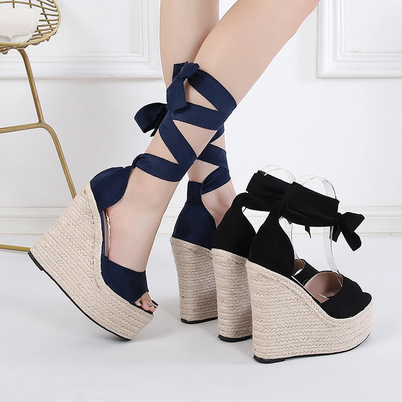 

Hot selling long shoe lace women open shoes sandals high heels wedges jute ropes espadrille sandal