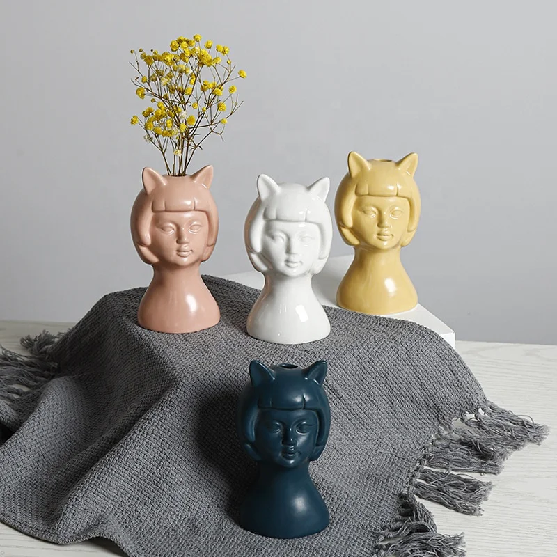 

American Style White Ceramic Character Portrait Flower Pot Nordic Funny Girl Doll Design Porcelain Flower Vase, Blue , white , yellow , pink
