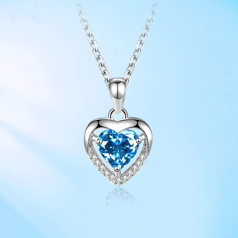 Fashion Blue Ocean Heart Rhinestone Necklace Lady S925 Sterling Silver Necklace Jewelry Women Heart Crystal Pendant Necklace