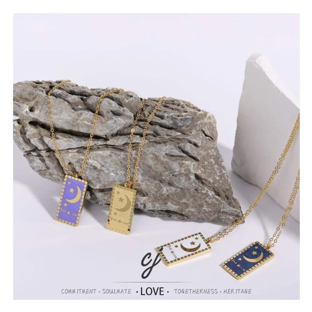 Carline Women's Trendy Tarot Card Necklace with Moon Star Pendant 18K Gold Plated Stainless Steel Link Chain Wholesale