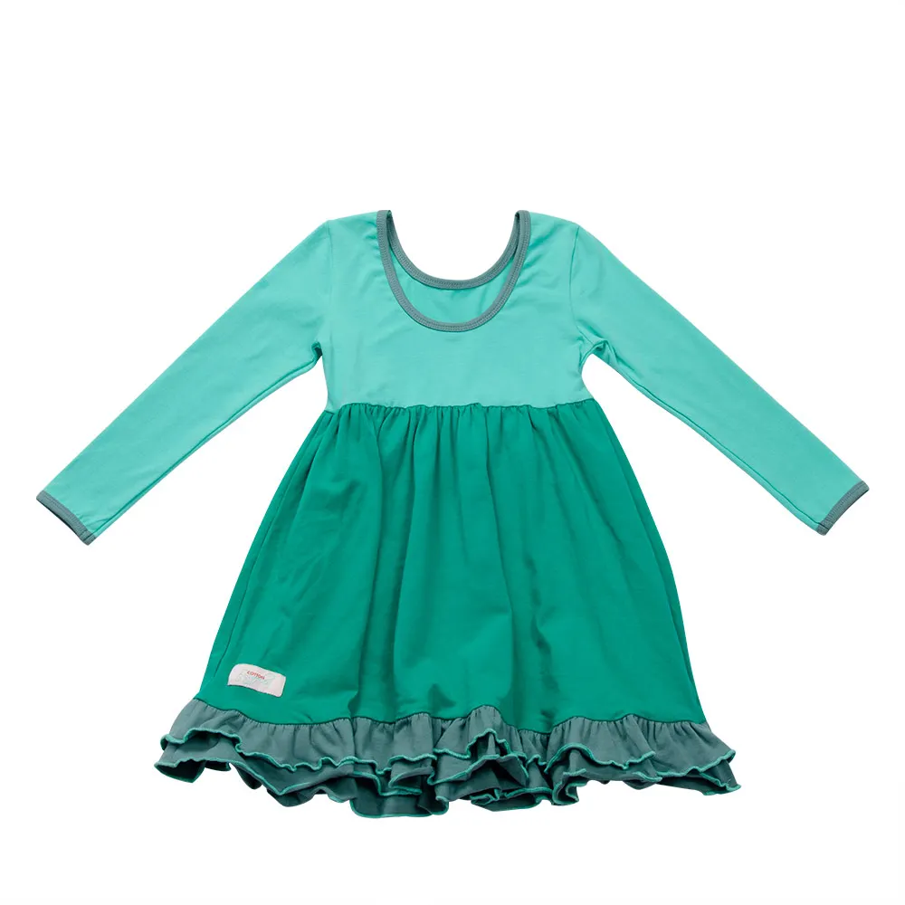 

High Quality Kids Wear Solid Green Ruffle Dress Scoop Back Wholesale Children Dress, Customized color