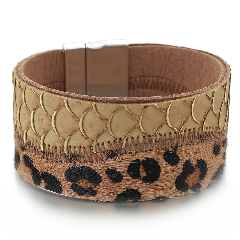

E560268P Magnetic Clasp Bohemian Leopard Print Wide Cuff Leather Bracelets for Women Female Jewelry 2020 Wrap Bracelet