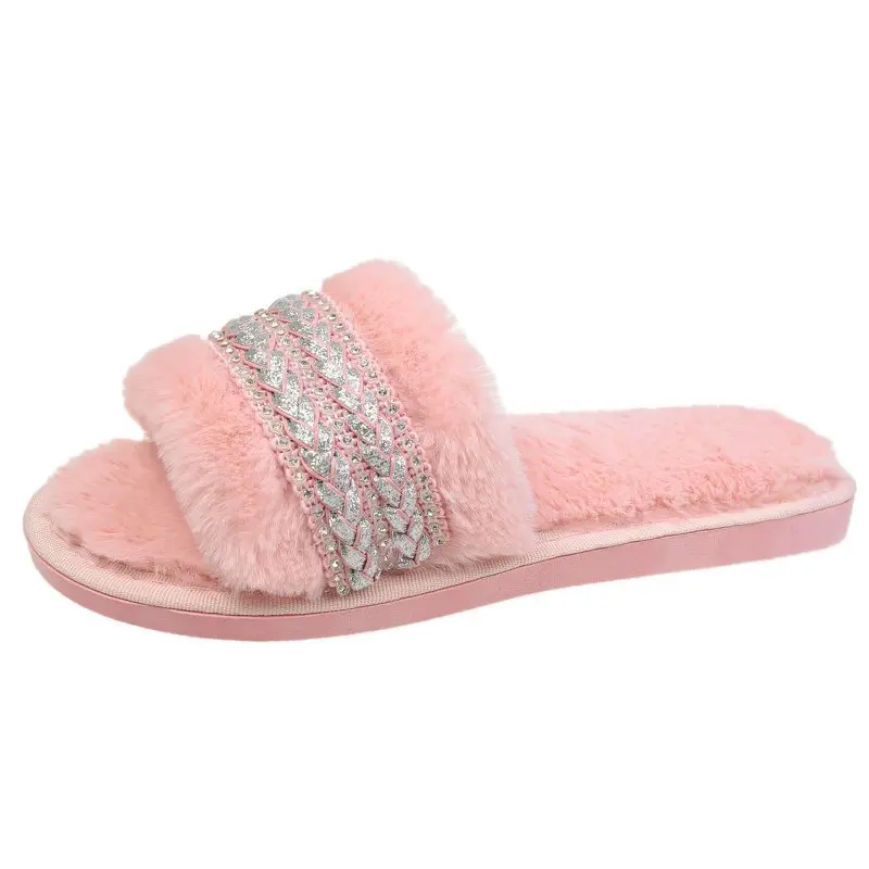 

NEW fluffy Slippers indoor outdoor Autumn winter women's diamond flat bottom open toe flip flop fashionable cotton fur slippers, Black white grey pink