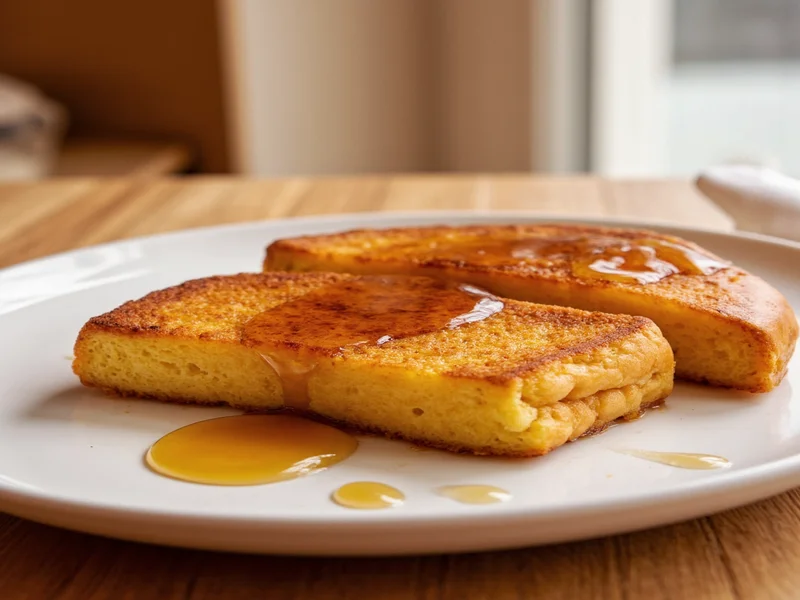 Golden brown french toast slices on plate with syrup