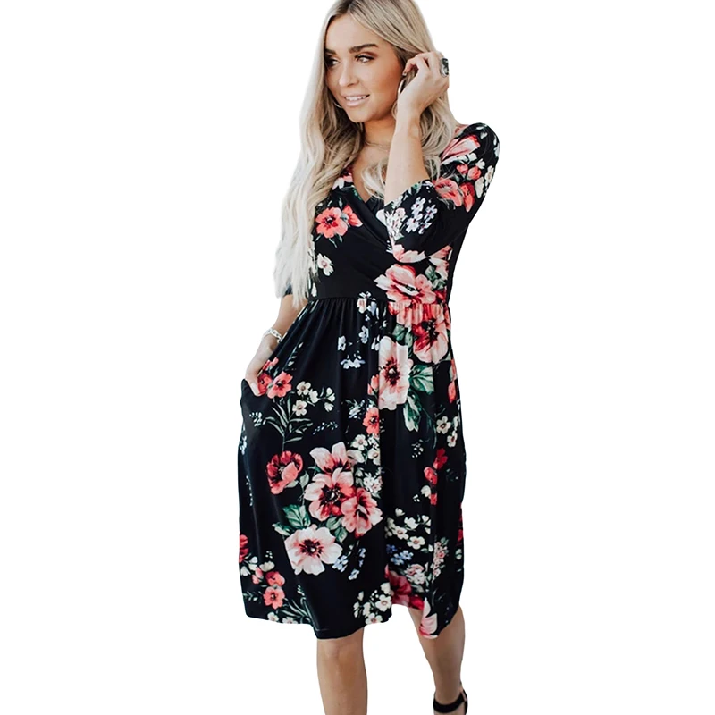 

Fashion Casual Fall Women Long Sleeve V Neck Ruffle Wrap Floral Dress, Accept customized floral print dress