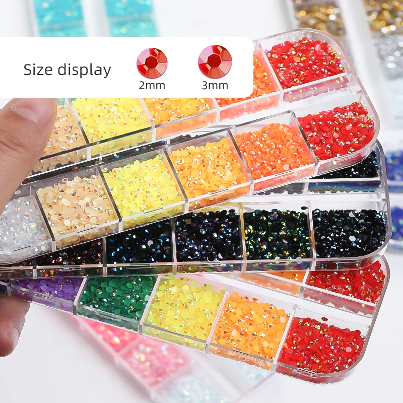 

Xichuan New 12 Grids 2mm 3mm Non Hot Fix Strass Flatback Crystal Stones Jelly AB Resin Rhinestones