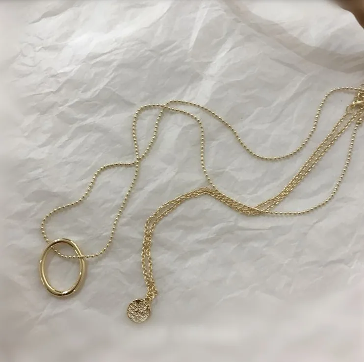 

2pcs real gold plated necklace oval circle & small chic letter coin pendant necklace double layer long sweater choker necklace, Picture