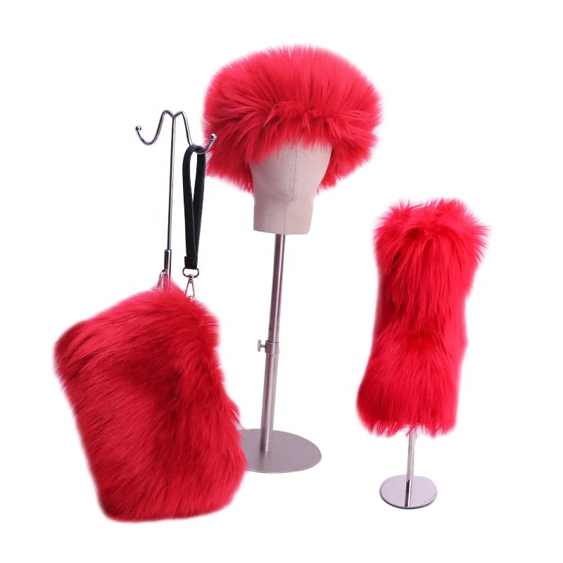 
Winter Fashionable Rainbow Faux Sheep Fox Fur Snow Boots Shoes Sets for Kids and Girls Women with Fur Headband and Purse 