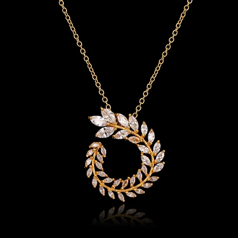 

Wholesale Fashion Luxury Zircon Gold Plated Stainless Alloy Titanium Zircon Feather Leaf Pendant Necklace For Ladies