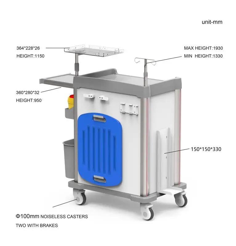 Hospital Multifunctional Nursing Trolley Medicine Trolley Cart Abs