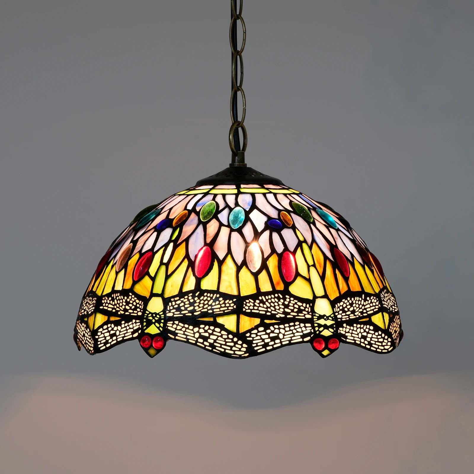 Dragonfly Tiffany Style Stained Glass Ceiling Pendant Fixture With 12 Inch Wide Complex Design Lampshade Orange