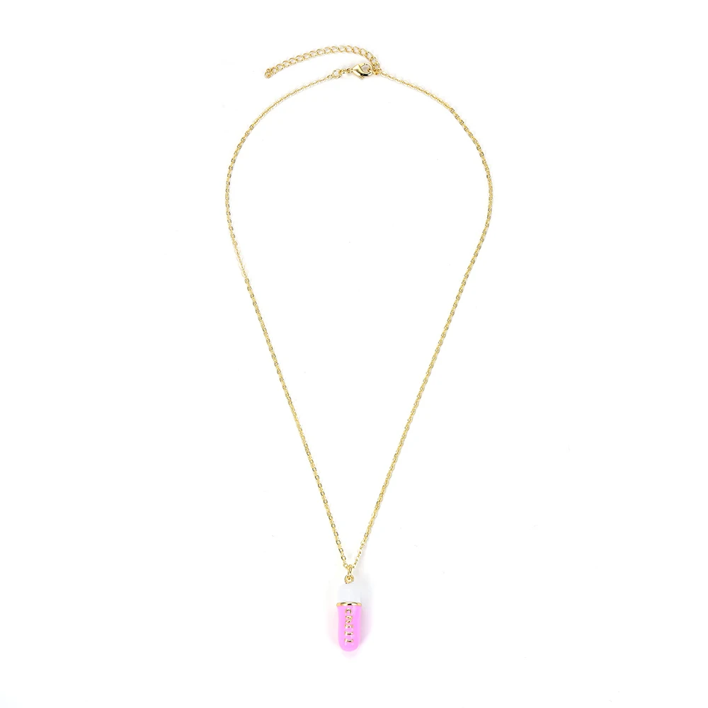 

Fashion jewelry small oil drip pill chill pendant 24k gold plated brass charm necklace