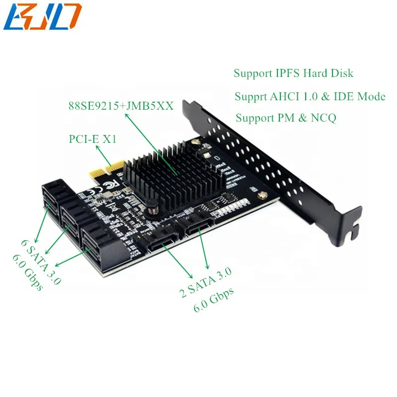 

Wholesale 8 Ports SATA 3.0 7Pin to PCI-E PCIe 1X Expansion Converter Riser Card with HeatSink - Marvell 88SE9215+JMicro JMB575