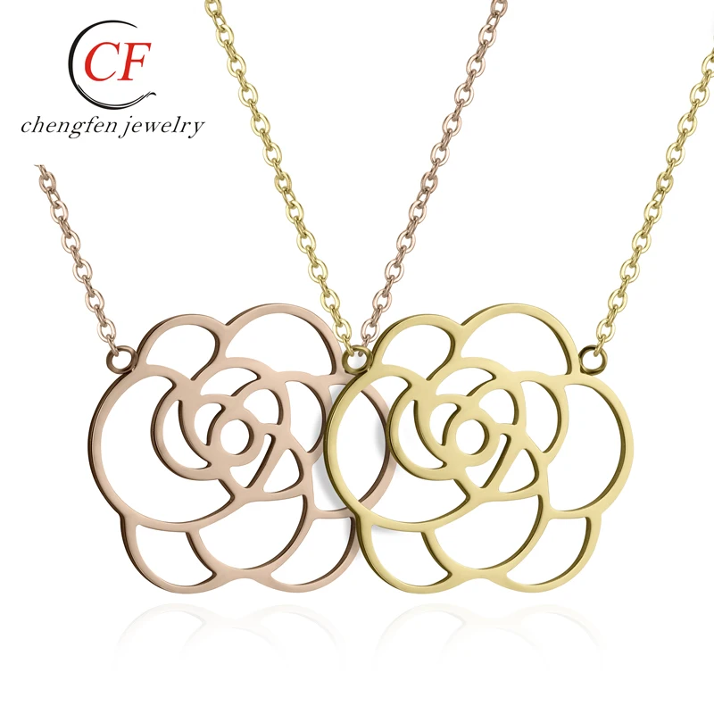 

Promotional Jewelry Gifts Gold Hollow Flower Necklaces Rose Pendant Necklace 18K gold plated flower shape pendant necklace