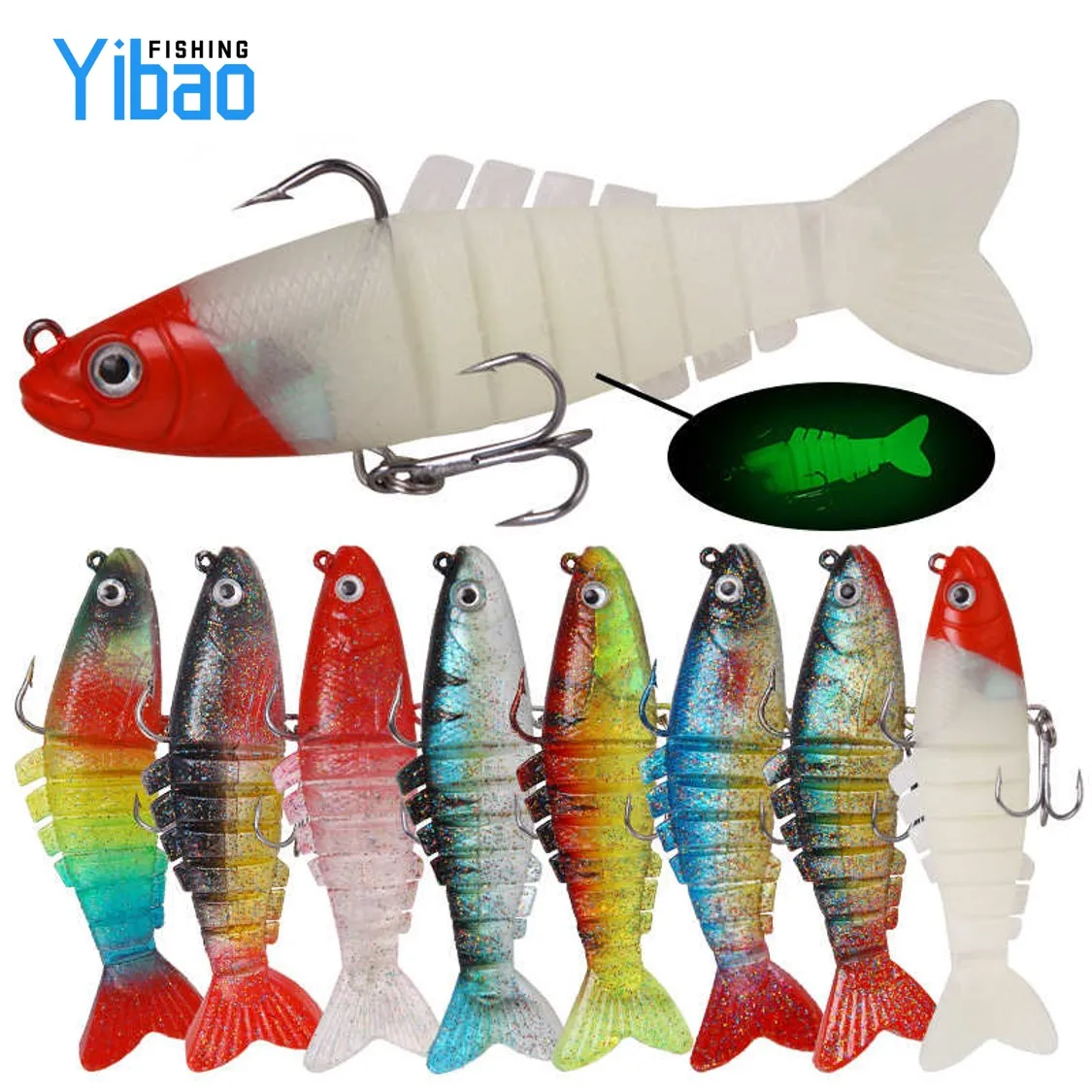 

New wholesale soft fishing lures with hooks 90mm 17.5g 8 segmented lifelike soft silicone rubber fishing lures swimbait, 8 colors