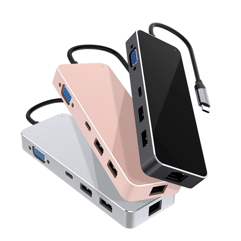 

USB C Hub 11 in 1 dex station micro USB 3.0 vertical data extension dock Type C RJ45 VGA SD TF 3.5AUX Adapter 11 port, Black gold sliver