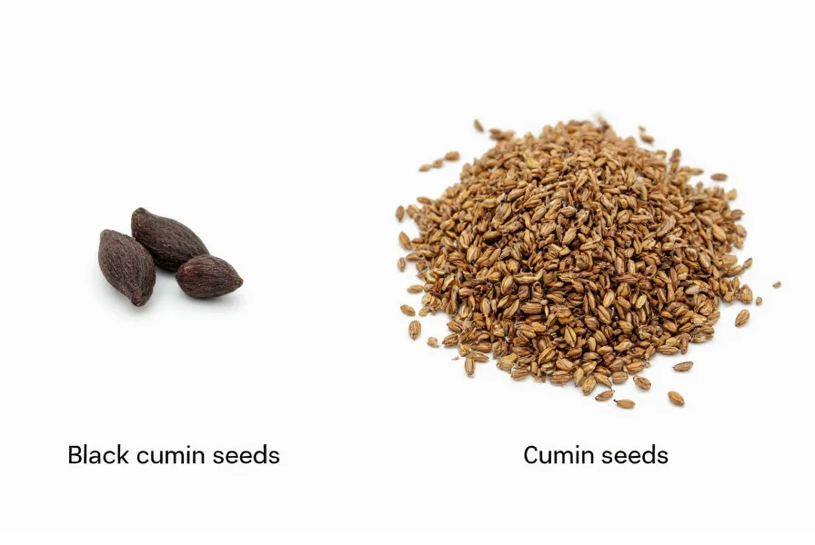 Side-by-side comparison of black cumin seeds (small, black, tear-shaped) and cumin seeds (larger, light brown, elongated)