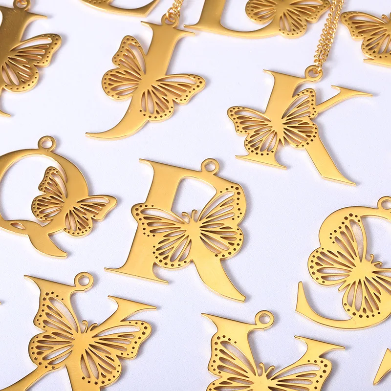 

gold plated butterfly necklace alphabet stainless steel jewelry silver color butterfly initial letter pendant charms