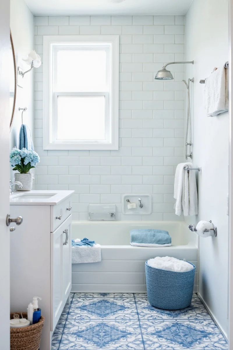 Navy cabinet handles give a bathroom a fresh look