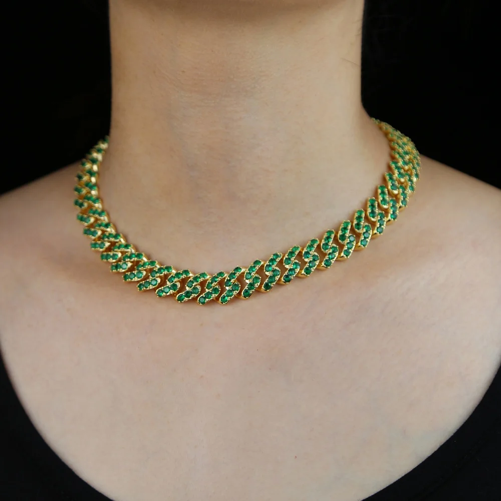 

Summer new styles Iced out bling sparking green cubic zirconia Miami cuban link chain necklace wedding jewelry, Black