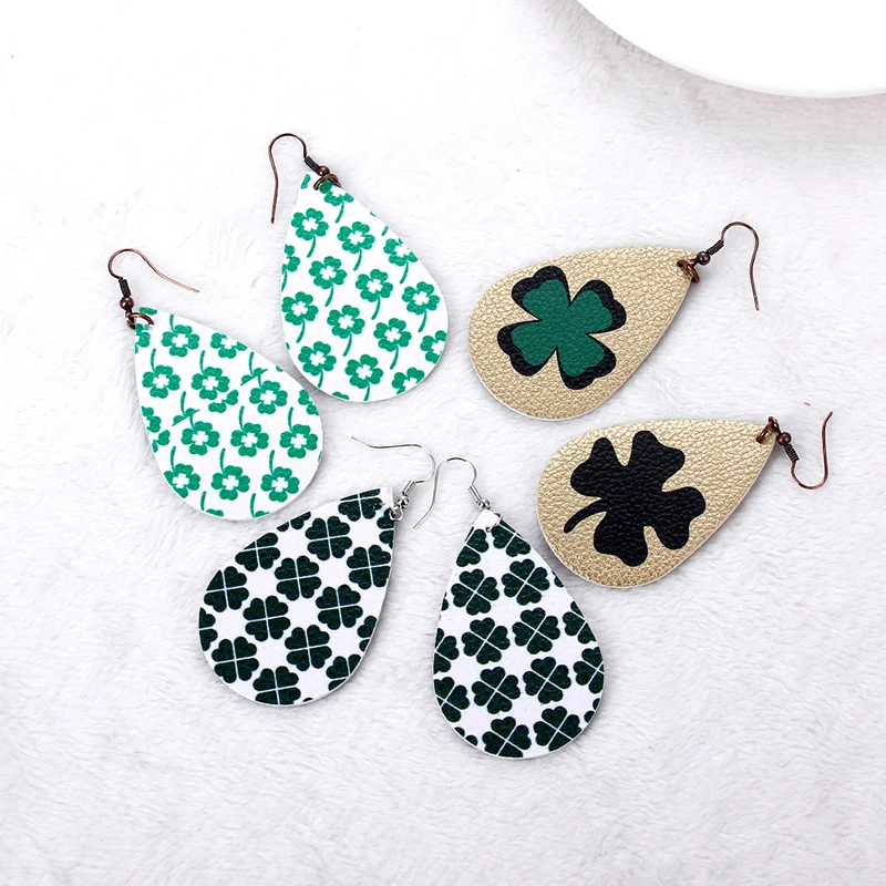

New Four Leaf Clover Pattern Teardrop Pendant PU Leather Dangle Drop Earring Women For Jewelry, Picture