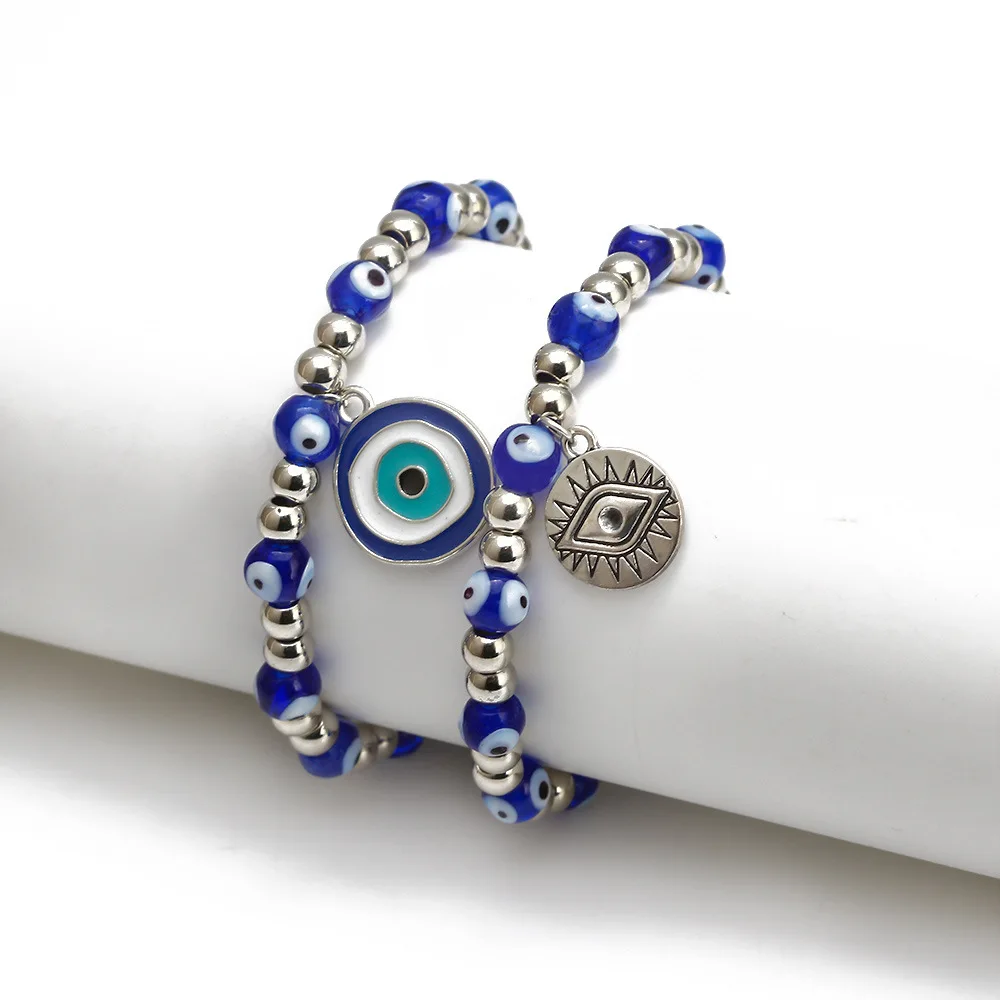 

2021 Newest Fashion Blue Evil Eyes Charm Bracelet Handmade Rope Elastic Eyes Beaded Bracelet For Girls