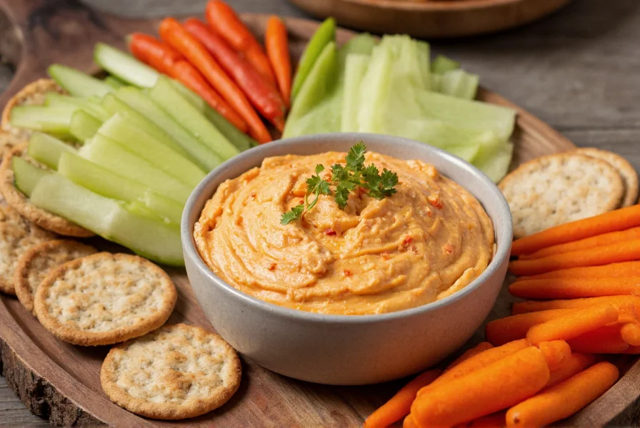 Homemade honey pepper pimento cheese spread served with crackers and vegetable slices on rustic wooden platter