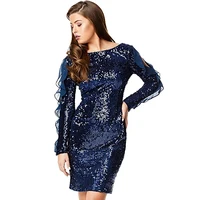 

Wholesale Dark Blue Elegant Womens Sequin Frilled O Neck Long Sleeve Knee Length Midi Dress