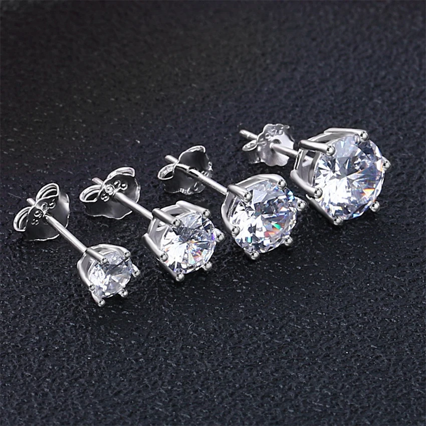

New Style Six Prongs 925 Round Sterling Silver Zircon Stud Earrings For Women, Transparent
